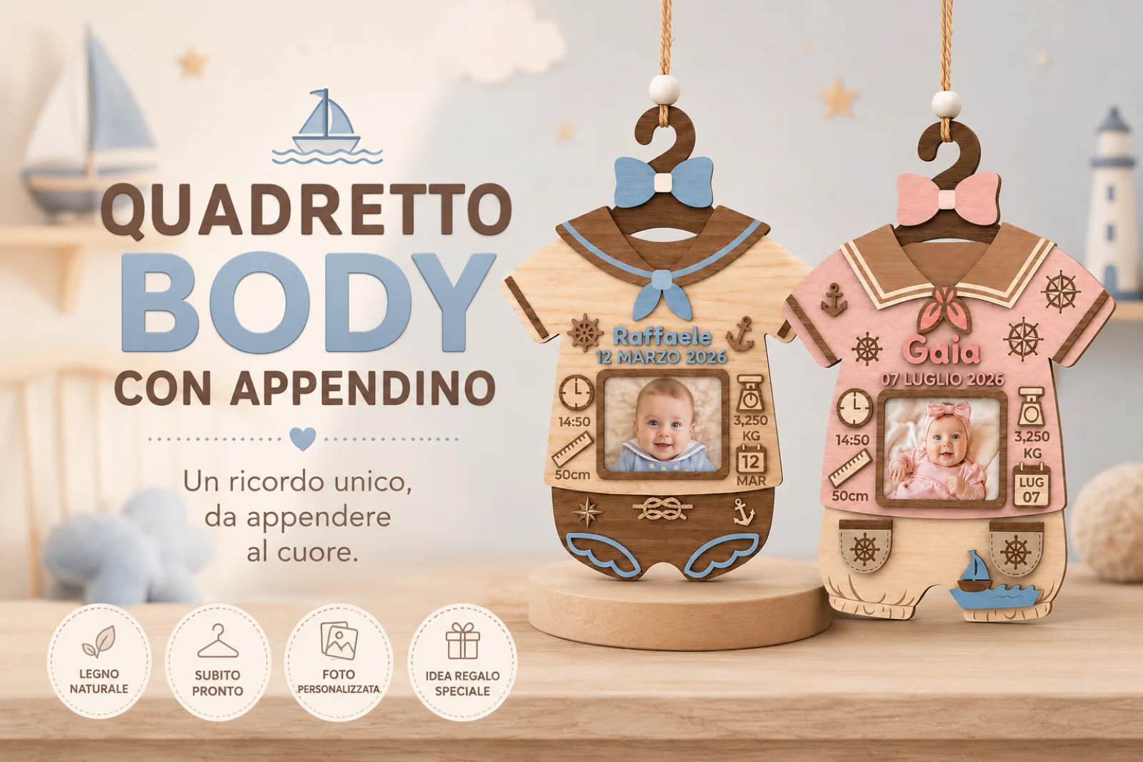Body nascita in legno con appendino e portafoto, nelle versioni rosa e azzurra
