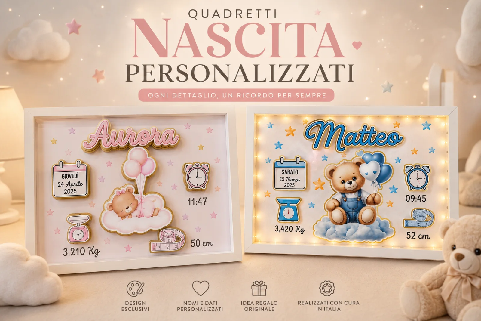 Quadretti nascita personalizzati con nome, data, ora, peso e misura del bambino